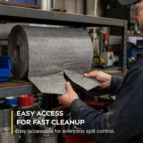 Get That Spill Ready Universal Absorbent Mat Roll 15 Inches By 50 Feet for Shops, gray absorbent mat roll accessible for quick cleanup.
