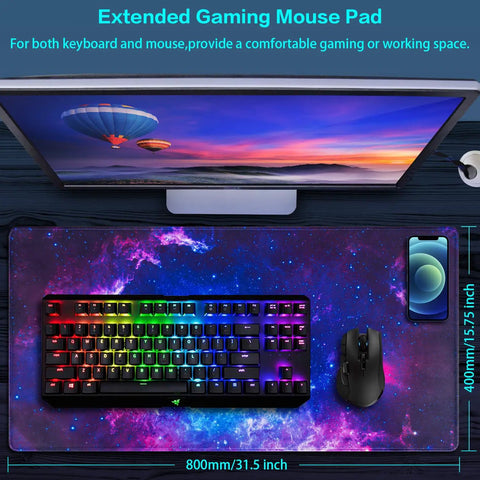 Huge Extended Gaming Mouse Pad Monster Size 31.5 By 15.7 Inches Full Desk Mat For Keyboard And Mouse Non Slip Rubber Base Ultra Wide Desk Pad For Gaming And Office Use shown with keyboard and mouse on desk.