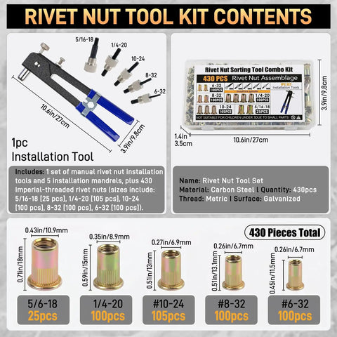 430 Piece SAE Rivet Nut Tool Kit with Imperial Rivnut Set in Sizes 6 32 8 32 10 24 1 4 20 5 16 18 Carbon Steel Rivnut Tools