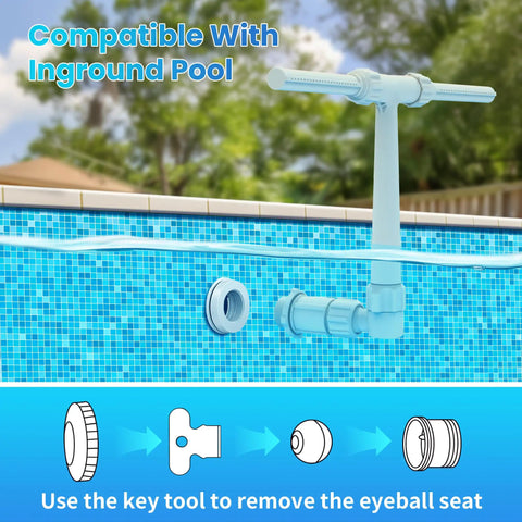 Installation of Dual Spray Pool Fountain for Above Ground and In Ground Pools showing fittings and key tool, outdoor pool backdrop