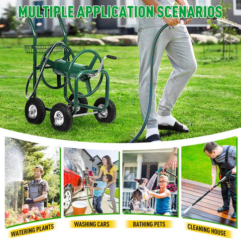 Beefy Heavy Duty Hose Reel Cart Holds Up To Three Hundred Feet Of Five Eighth Inch Hose With Four Wheels And Built In Storage Basket
