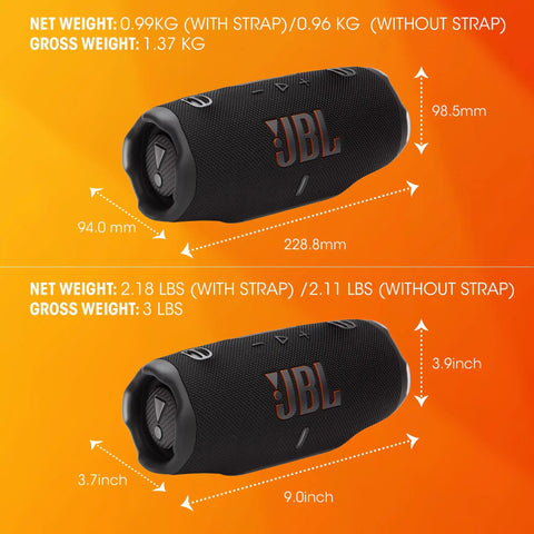 Charge 6 Portable Waterproof Bluetooth Speaker With AI Sound Boost showing dimensions and weight details.