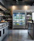 Score A Rock Solid 54 Inch Commercial Glass Door Reach In Refrigerator With Tempered Double Doors 46 Cubic Feet in modern kitchen.