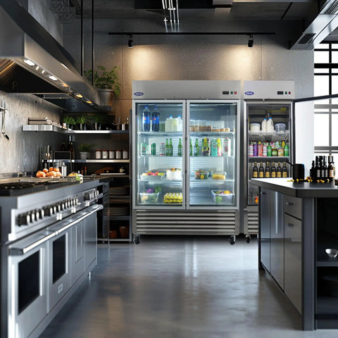 Score A Rock Solid 54 Inch Commercial Glass Door Reach In Refrigerator With Tempered Double Doors 46 Cubic Feet in modern kitchen.