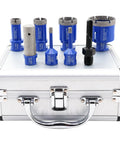 Diamond Core Drill Bit Set For Porcelain Tiles And Natural Stone Pro Grade Hole Saw Cutter Kit, bits on silver case display.
