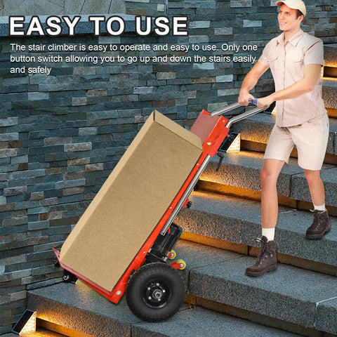 Camini 1200W Electric Stair Climbing Hand Truck Dolly With 880 Lb Heavy Load Capacity on stairs, easy operation with a cargo box.