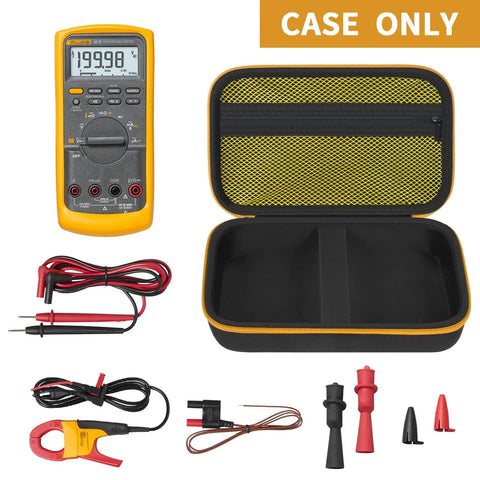 Hard Carrying Case For Digital Multimeters Like Fluke 87V 88V 15B Plus 17B Plus And More, shown empty with probes and accessories