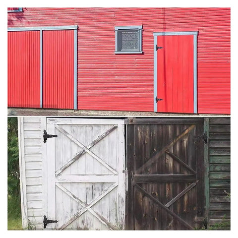 Rock Solid Heavy Duty T Gate Hinges For Barn Doors And Yard Fences, shown on red barn and rustic wooden gates.