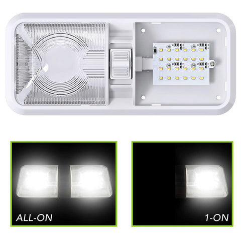 RV Ceiling Double Dome LED Light Fixture With On Off Switch for RV Trailer Camper Boat 12V showing dual and single light modes