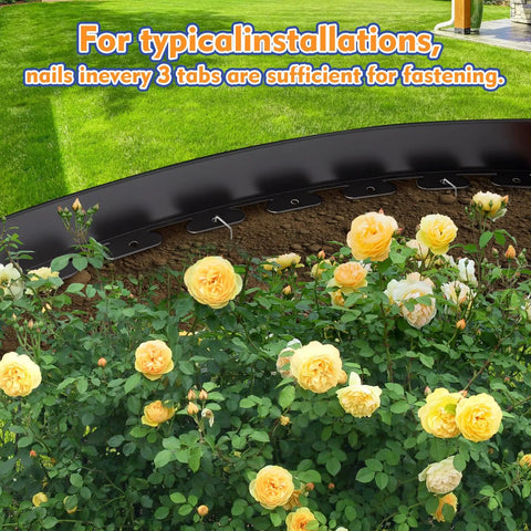 4In By 33Ft Landscape Edging Kit With 40 Metal Stakes bordering a bed of yellow roses and green lawn, showing typical installation.