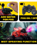 Epic 1:18 Scale RC Monster Truck With Water Spray And Dancing Spins, fog function detail with red truck and remote control