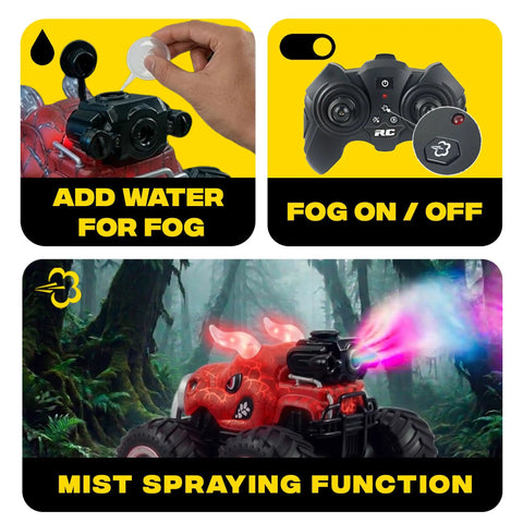 Epic 1:18 Scale RC Monster Truck With Water Spray And Dancing Spins, fog function detail with red truck and remote control