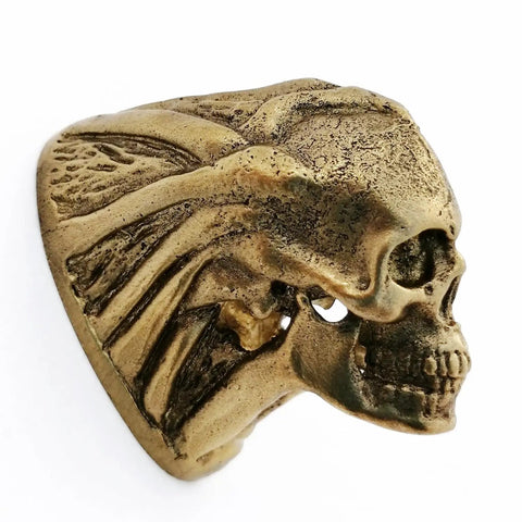 Hunting Knife Pommel Ghost Mask and Bronze Finger Guard Kit featuring a detailed bronze ghost mask pommel side view