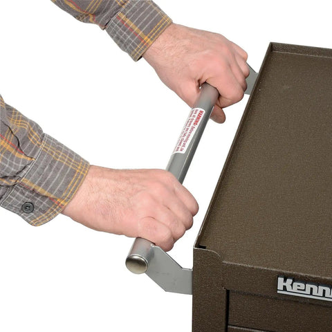 Close-up of 7-Drawer Rolling Tool Cabinet On Wheels With Chest, brown wrinkle finish, showing handle and raised edge top.