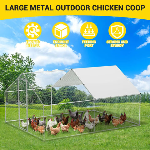 Huge Walk In Metal Chicken Coop With Heavy Duty Poultry Cage Waterproof UV Resistant Cover and Lockable Doors with chickens inside