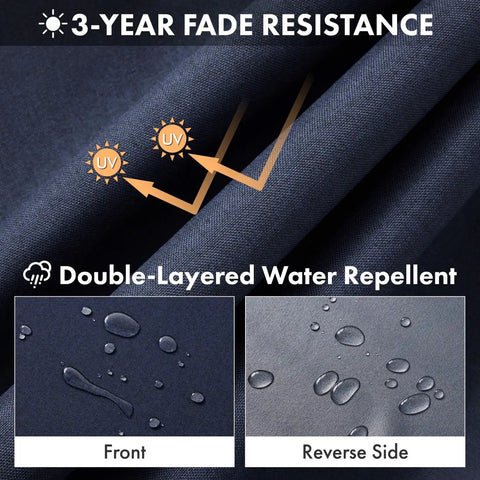 Navy outdoor chair cushion fabric showing double-layered water repellent, 3-year fade resistance, front and reverse side with droplets.