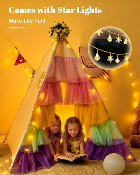 Kids Teepee Tent Indoor Playhouse With Star Lights And Rainbow Gauze Tulle Foldable Princess Style Play Tent with two girls reading inside.
