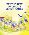 Lysol lemon-scent cleaning products assortment with flowers and lemons, highlighting various products in the lemon range.