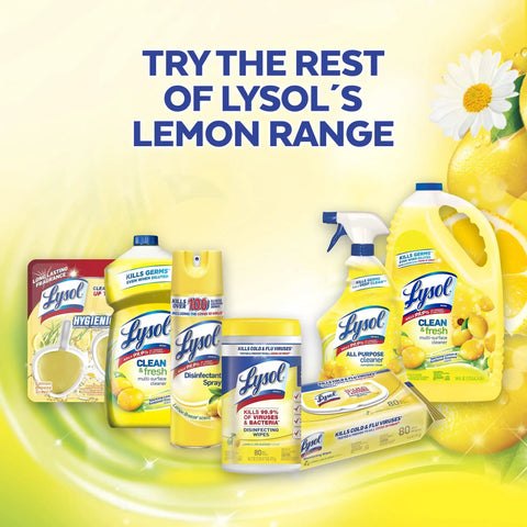Lysol lemon-scent cleaning products assortment with flowers and lemons, highlighting various products in the lemon range.