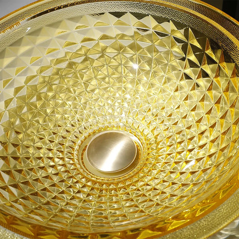 USZWBY Bathroom Vessel Sink Vanity Tempered Glass Vessel Bowl Sink Round Luxury Countertop Sink Bowl Above Counter Sink Art Basin top view with golden design.