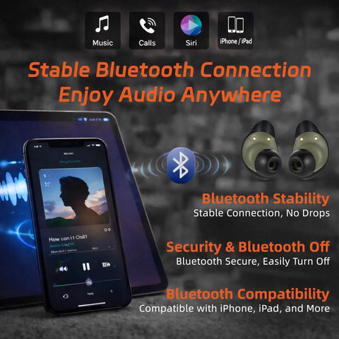 Electronic Shooting Earbuds With Bluetooth, DSP Noise Reduction, SNR 29 dB Hearing Protection, showing earbuds with Bluetooth symbols and phone.
