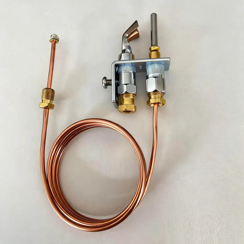 MCAMPAS Q314A4586 pilot burner with thermocouple kit; front view shows copper tubing and brass fittings on bracket