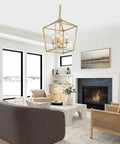Built Tough Industrial Four Light Chandelier With Killer Gold Lantern Pendant And Rustic Metal Cage. Adjustable height in modern living room.