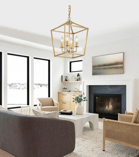 Built Tough Industrial Four Light Chandelier With Killer Gold Lantern Pendant And Rustic Metal Cage. Adjustable height in modern living room.