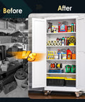 71 Inch Tall Metal Garage Storage Cabinet On Wheels With Two Doors And Four Adjustable Shelves Built Tough For Home Office Garage Or Warehouse Use White showing organized storage with tools and supplies.