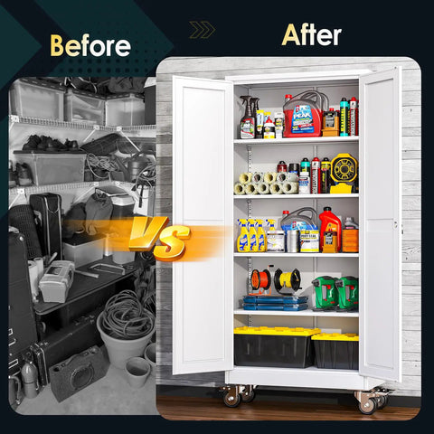 71 Inch Tall Metal Garage Storage Cabinet On Wheels With Two Doors And Four Adjustable Shelves Built Tough For Home Office Garage Or Warehouse Use White showing organized storage with tools and supplies.