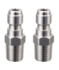 Two stainless steel 1/4 in male NPT quick-connect plugs for pressure washers