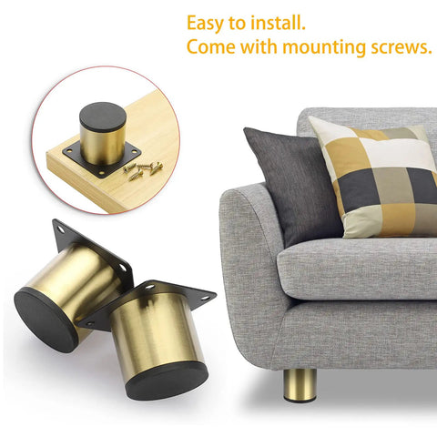 Heavy Duty Gold Stainless Steel Furniture Legs With Mounting Screws For Table Desk And Cabinet visible near sofa, showing easy install.