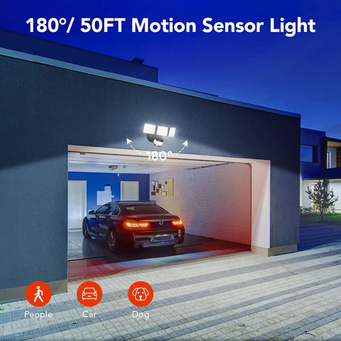 Motion Sensor Outdoor Flood Light With Dusk To Dawn Dimmer And 3 Modes 2800 Lumens illuminating a garage and car at night