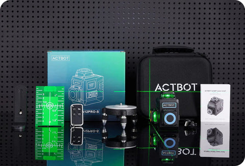 Green Laser Level Self Leveling With 3D Cross Line, carrying case, remote control, and charging accessories displayed