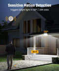 Solar Outdoor Motion Lights With 113 LEDs 7000K Cool White Flood illuminating a home's porch and pathway at night with motion detection.