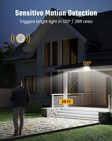 Solar Outdoor Motion Lights With 113 LEDs 7000K Cool White Flood illuminating a home's porch and pathway at night with motion detection.