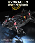 Hydraulic shock absorbers on MJX Hyper GO 16207 1 By 16 Scale Brushless RC Buggy, showing metal components and suspension detail.