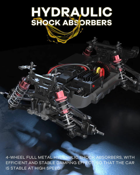 Hydraulic shock absorbers on MJX Hyper GO 16207 1 By 16 Scale Brushless RC Buggy, showing metal components and suspension detail.