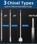 24 Inch SDS Plus Demolition Chisel Set With 1 Inch Flat, Point And 3 Inch Scaling Chisels For Tile Removal Built To Last, Heavy Duty 40Cr Steel Bits, Fits All SDS Plus Hammer Drills And Breakers, showing 3 chisel types