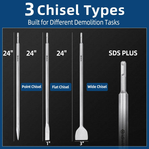 24 Inch SDS Plus Demolition Chisel Set With 1 Inch Flat, Point And 3 Inch Scaling Chisels For Tile Removal Built To Last, Heavy Duty 40Cr Steel Bits, Fits All SDS Plus Hammer Drills And Breakers, showing 3 chisel types