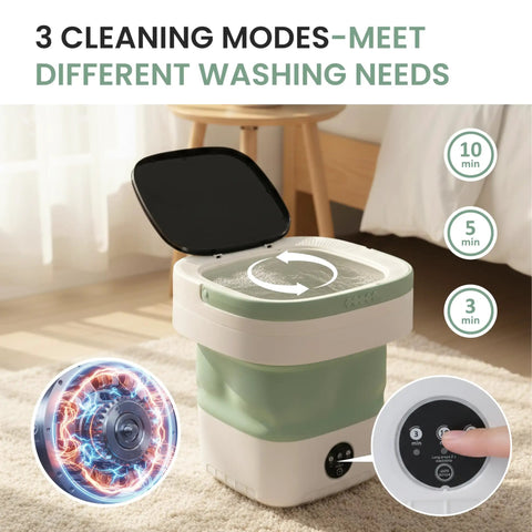 Totally Foldable Hella Portable Washing Machine With Heavy Duty Spin Basket And Three Fast Wash Cycles super compact 16 liter mini laundry drum showing three cleaning modes.