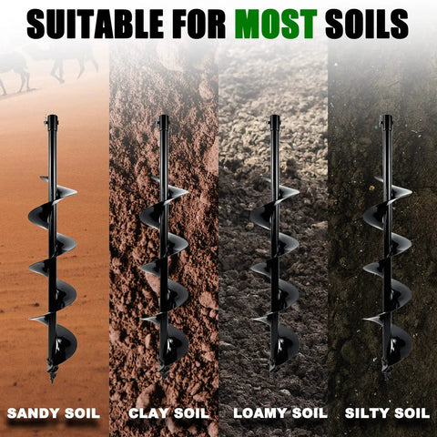 Heavy Duty 6 Inch By 31 Inch Earth Auger Bit For Post Holes And Planting, Fits Three Quarters Inch Shafts, shown in different soils