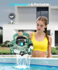 Woman holding 2026 Upgrade Cordless Robotic Pool Cleaner With 80 Minute Run Time For Above Ground Pools Up To 650 Sq Ft