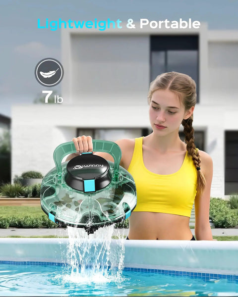 Woman holding 2026 Upgrade Cordless Robotic Pool Cleaner With 80 Minute Run Time For Above Ground Pools Up To 650 Sq Ft