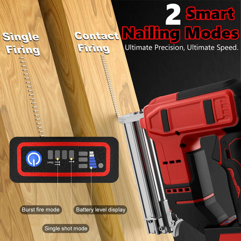 Cordless 18 Gauge Brad Nailer And Staple Gun Kit With Two Thousand Fasteners showing two nailing modes and battery display features.