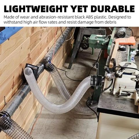 Four Inch Blast Gates For Dust Collection Systems And Vacuum Fittings With Easy To Use Sliding Gates Connected to Workshop Tools