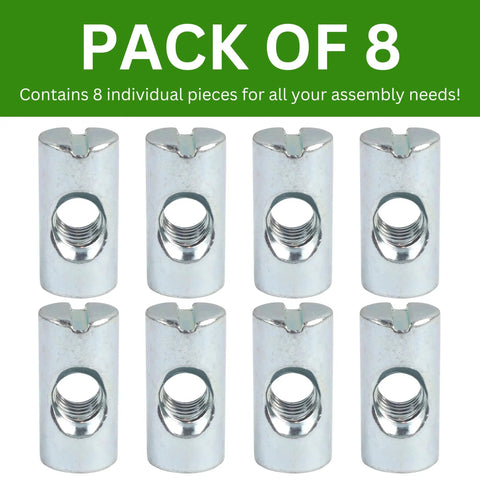Top Shelf Cross Dowel And Barrel Nut Sleeve Set Perfect Match For Furniture Assembly M6 Hardware Pack Of No Sweat Bunk Bed Table Fixes With Rock Solid Grip And Secure Lock Daily - Pack of 8 zinc plated steel barrel nuts.