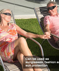 Couple lounging in garden chairs wearing 4 Pairs UV Resistant Safety Glasses Anti Fog Protective Eyewear For Indoor Outdoor Use Tanning Goggles Red Light Therapy Black Glasses With Full Eye Coverage