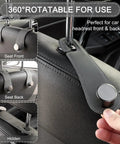 Badass Leather Car Headrest Hooks Two Pack Hella Sturdy Seat Storage Hangers For Bags And Groceries Top Shelf Ride Setup Gray clip showing 360° rotation feature