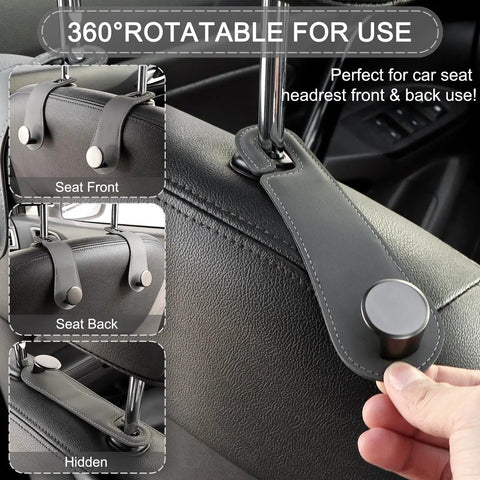 Badass Leather Car Headrest Hooks Two Pack Hella Sturdy Seat Storage Hangers For Bags And Groceries Top Shelf Ride Setup Gray clip showing 360° rotation feature